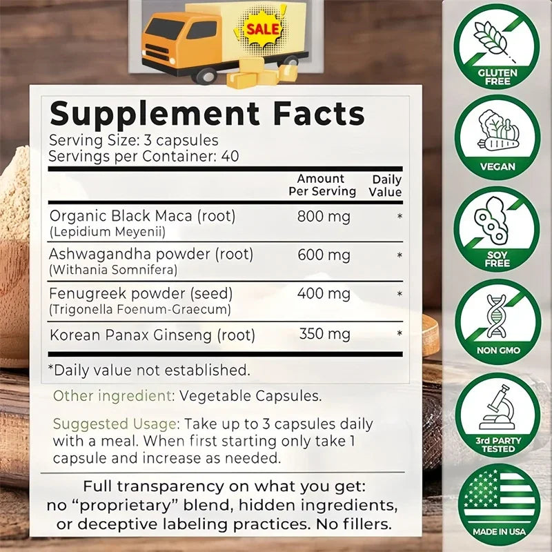 Black Maca Root, Ashwagandha, Panax Ginseng, Fenugreek Capsules, Male Enhancing Supplement Natural 4-in-1 Organic Original