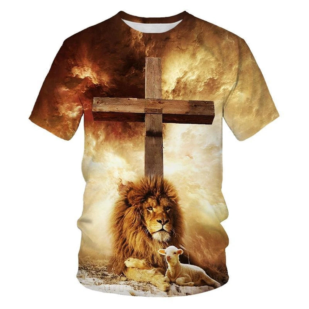 Summer fashion creative design cross lion 3D printing personalized Christian art T-shirt