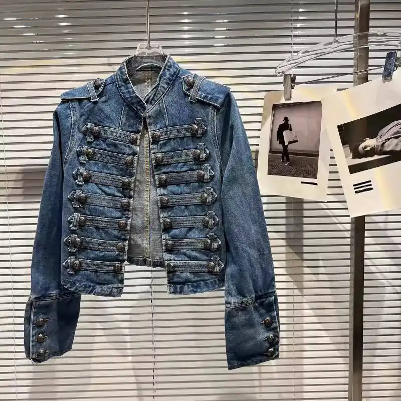 DEAT 2025 Autumn New Fashion Metal Buckle Design Shoulder Strap Denim Short Jacket For Women High Street Coat Female 11A06995