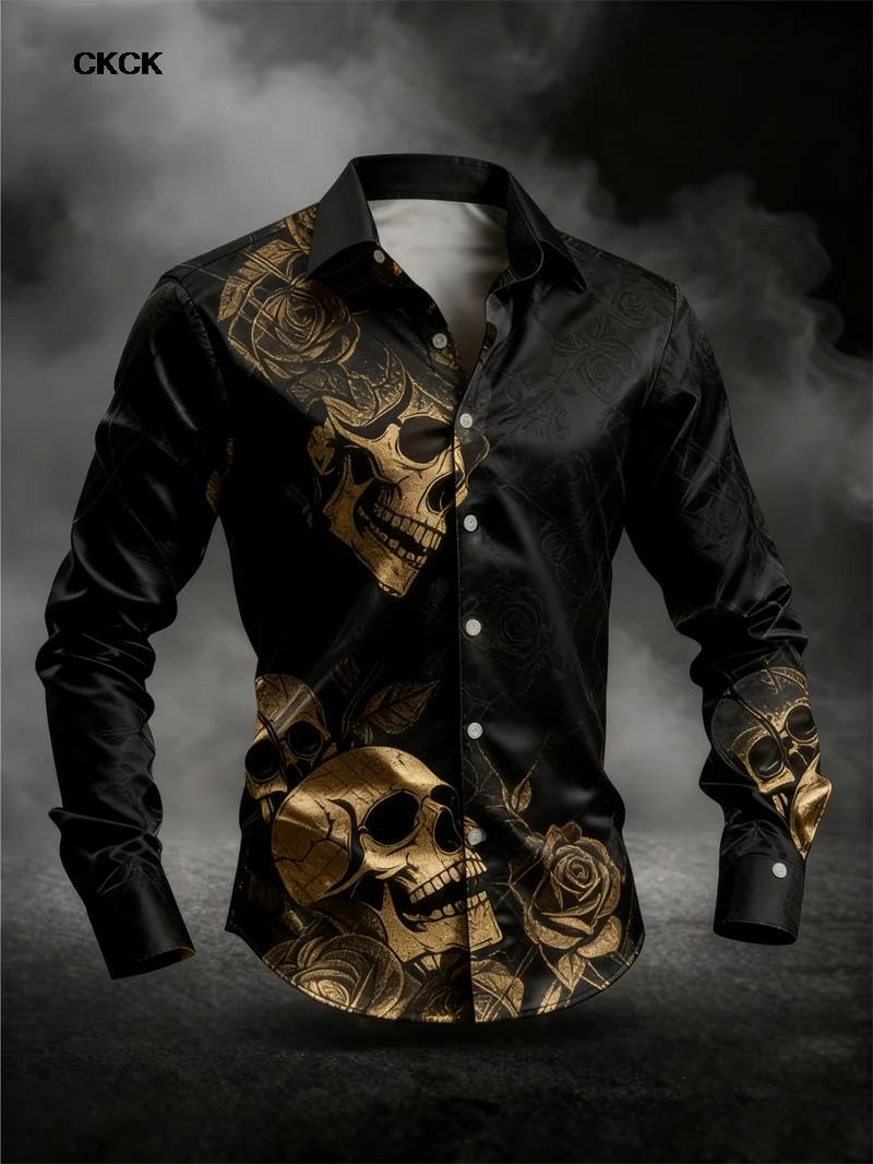 Fashion men's long sleeved shirt skull 3D print rose series gold black skull men's top soft long sleeved shirt Men Clothing