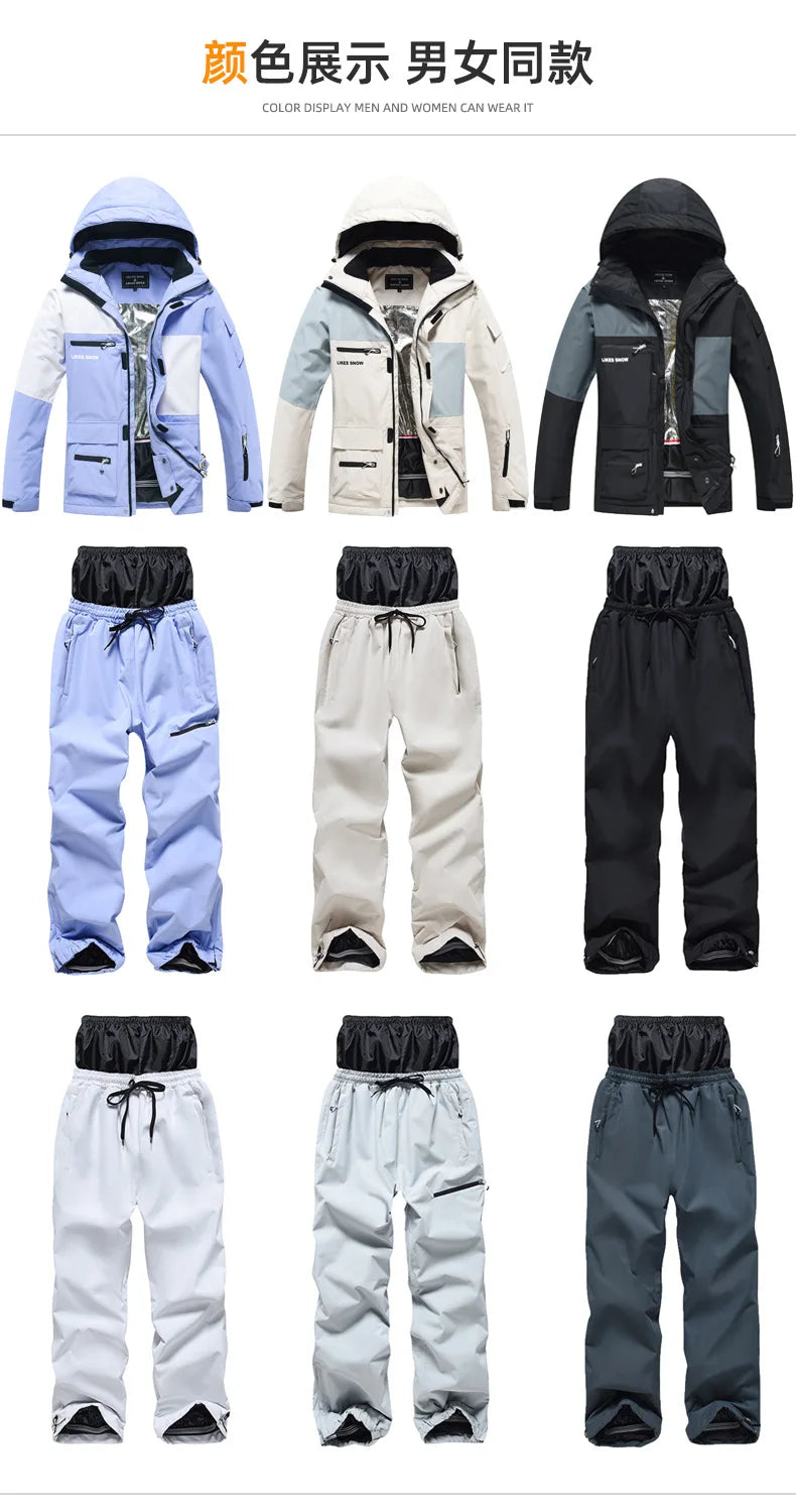 New Men Women Skiing and Snowboard Overalls Ski Suit Winter Thermal Waterproof Windproof Mountain Snowsuit Jacket and Pants Set