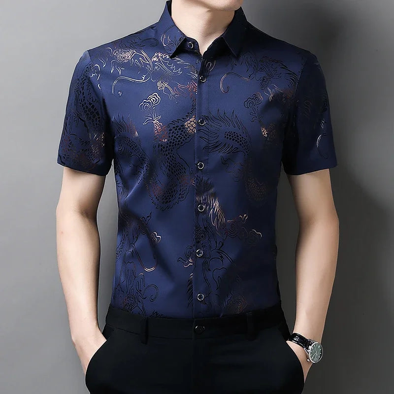 New Men's Casual Printed Short Sleeved Lapel Shirt for Summer Fashion Comfort No Ironing Wrinkle Resistant Top