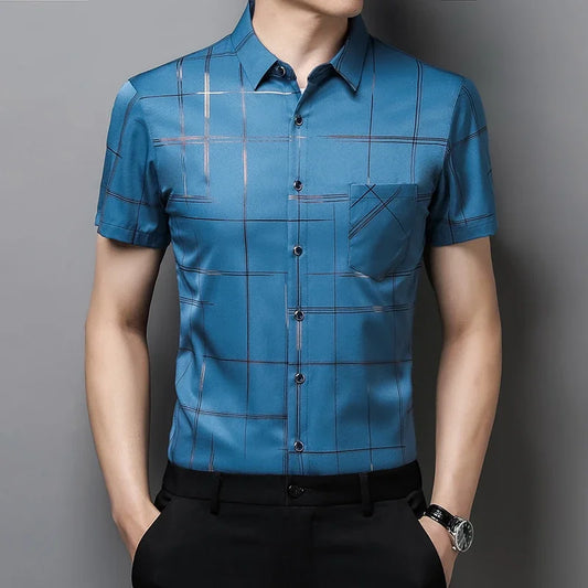 Men's Business Casual Short Sleeve Shirt New No Iron Wrinkle Resistant Top Easy Care Comfortable Fit for Office And Work