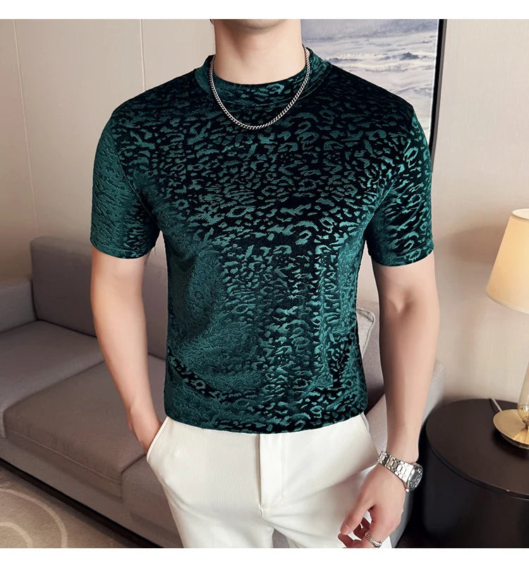Men's T-Shirts Korean Fashion Gold Velvet Short Sleeve Mens Casual T Shirt Slim Fit Breathable Turtleneck Tee Shirt Homme 4XL-M