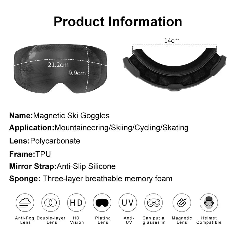 Ski Goggles Winter Professional Magnetic Double Layer Anti-Fog UV400 Anti-UV Snowboard Goggles Interchangeable Lens Ski Mask