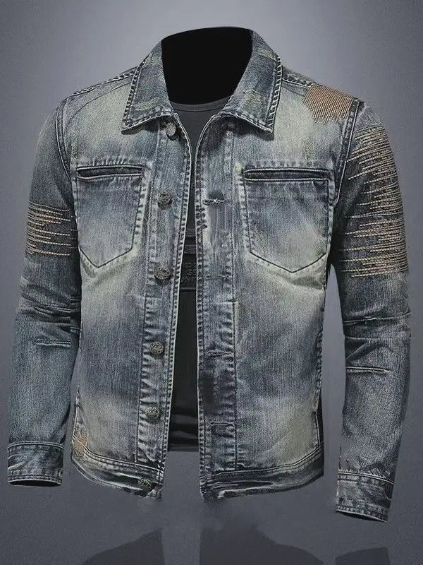 2025 Men's Autumn Winter Brand Casual Cotton Jacket with American Retro Motorcycle Embroidered Street Fashion Grey Jeans Coat