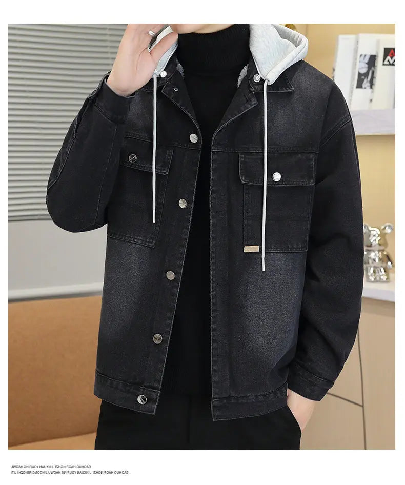 Winter Men's Denim Jacket Thicken Fleece Warm Coats Fashion Classic Hooded Slim Biker Jeans Jacket Outwear