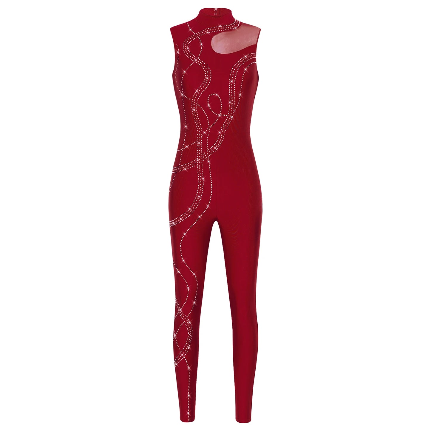 Womens Rhythmic Gymnastics Artistic Figure Skating Dance Costume Shiny Rhinestones Ballet Dance Unitards Jumpsuit Full Bodysuit