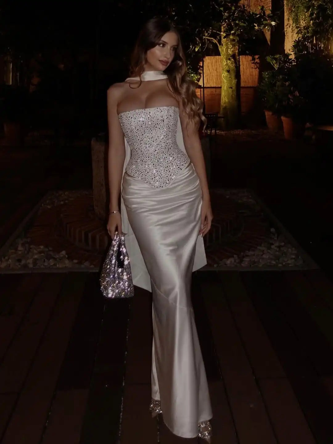 Sexy Sequin Top Long Skirt Set Women Strapless Off-shoulder Slim Tops High Waist Satin Skirts Sets Lady Vacation Party Outfits