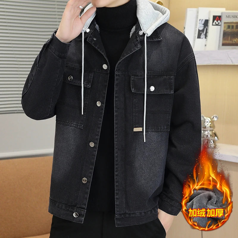 Winter Men's Denim Jacket Thicken Fleece Warm Coats Fashion Classic Hooded Slim Biker Jeans Jacket Outwear