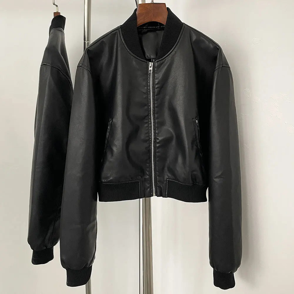 Autumn and winter new leather solid color short coat retro style short zipper cardigan casual all match leather jacket female