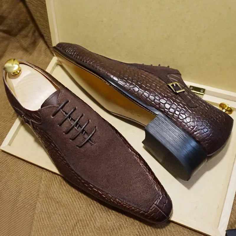 Mens Handmade Leather Dress Shoes Business Crocodile Pattern Oxford Formal Lace-Up Comfortable NonSlip Breathable Office Wedding