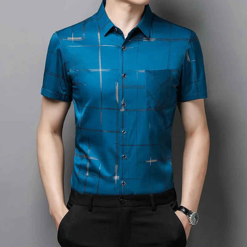Men's Business Casual Short Sleeve Shirt New No Iron Wrinkle Resistant Top Easy Care Comfortable Fit for Office And Work