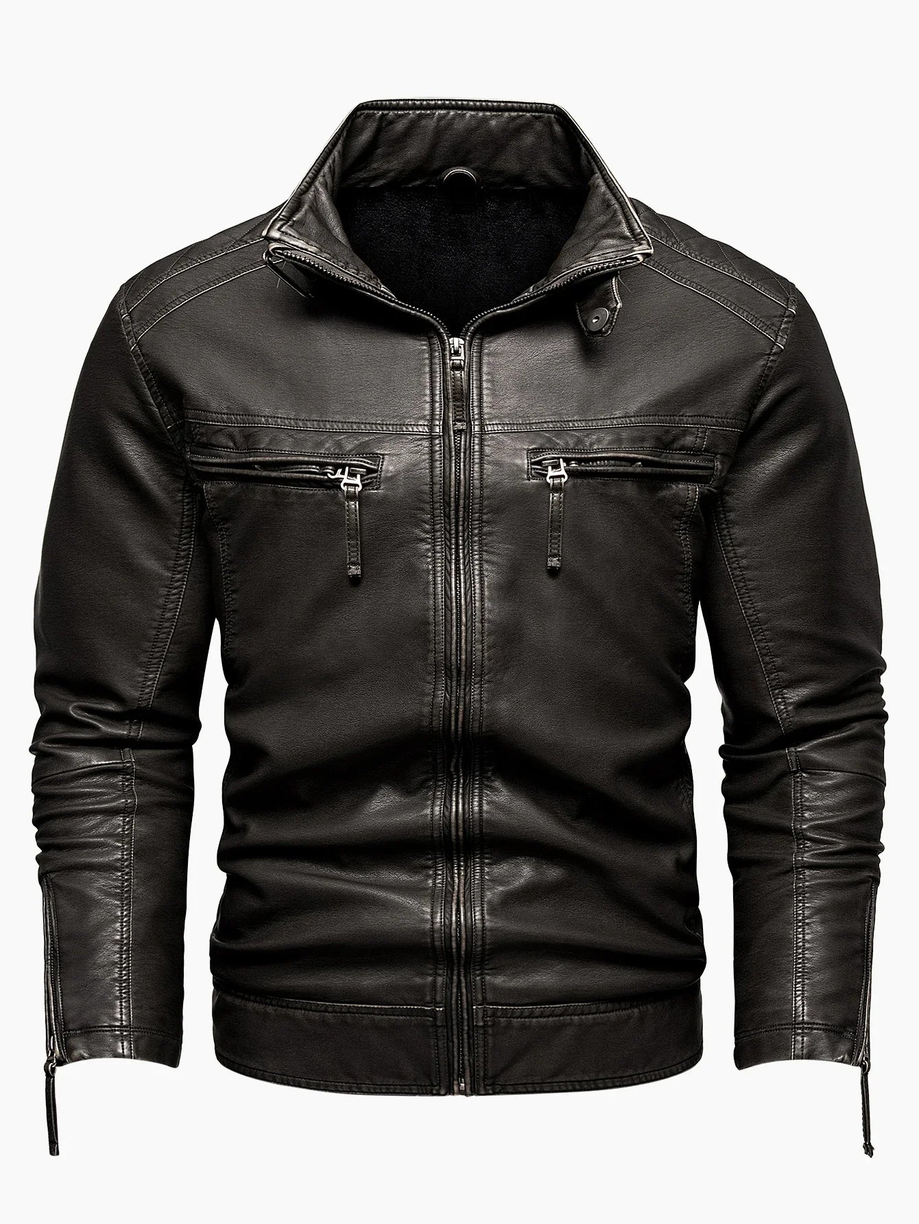Men's Vintage Thickened Jacket Multi-Pocket Jacket, Stand-Up Collar Motorcycle Clothing, Casual PU Leather Jacket