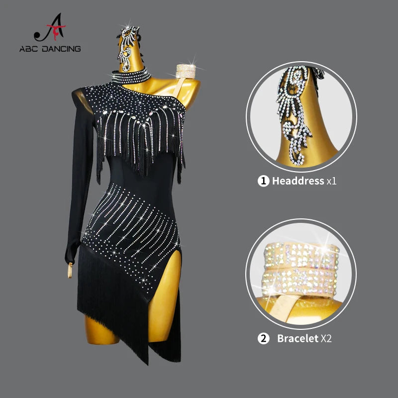 New Black Latin Dance Fringe Dresses Sexy Adult Women Competition Costume Ballroom Skirt Salsa Samba Party Stage Wear Customized