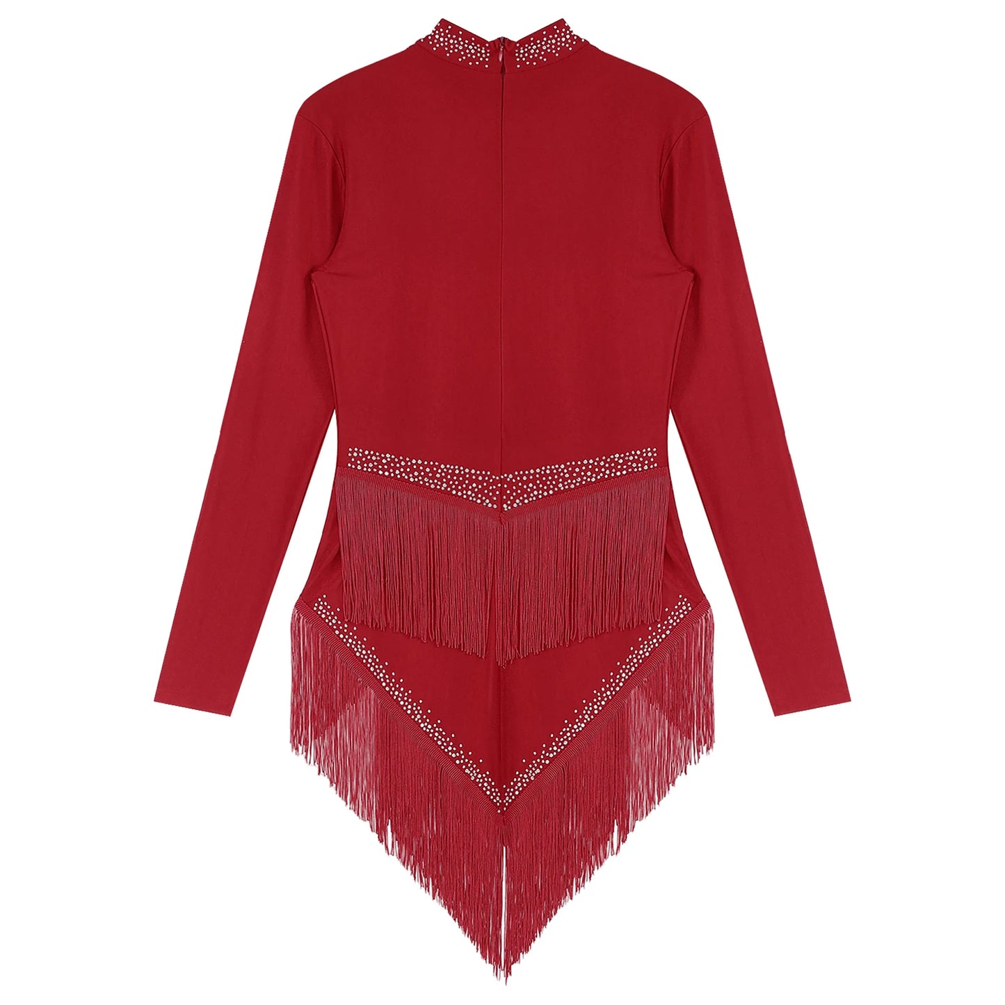 Womens Tassel Latin Tango Samba Dance Dresses Stage Performance Costume Long Sleeve Irregular Hem Shiny Rhinestones Dance Dress