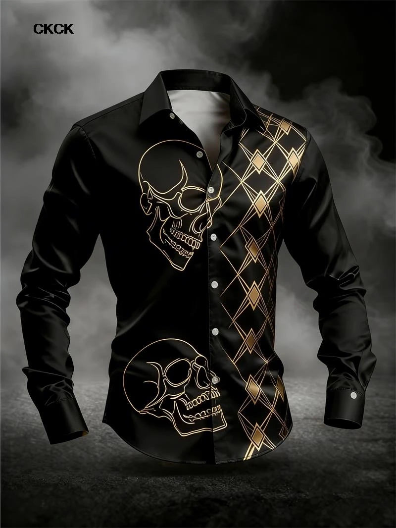 Fashion men's long sleeved shirt skull 3D print rose series gold black skull men's top soft long sleeved shirt Men Clothing