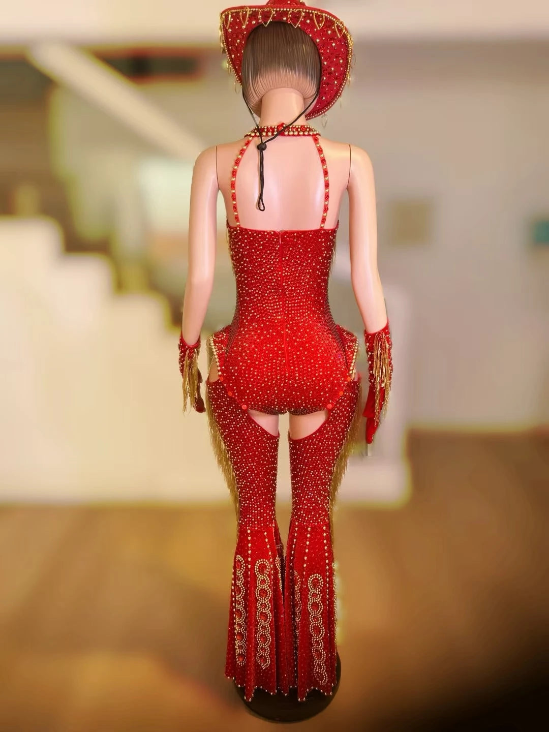 Women Sparkly Rhinestone Bodysuit 4Pieces Set Night Party Cowboy Show Outfit Cabaret Carnival Showgirl Sexy Jumpsuit Hongding