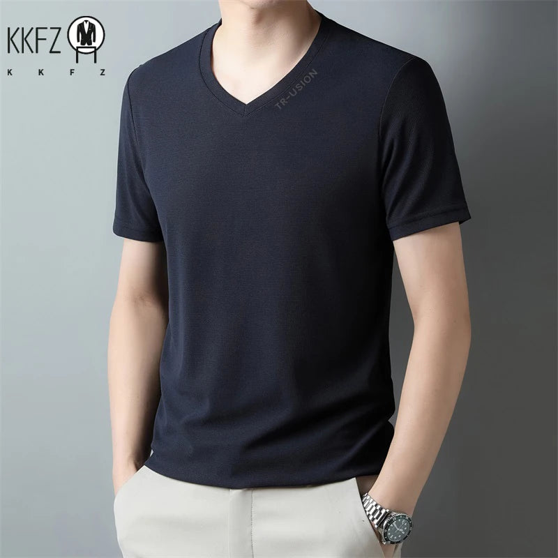 New Men's Casual and Fashionable V-neck Solid Color Short Sleeved T-shirt Breathable and Comfortable Summer Versatile Top