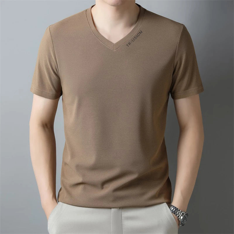 New Men's Casual and Fashionable V-neck Solid Color Short Sleeved T-shirt Breathable and Comfortable Summer Versatile Top