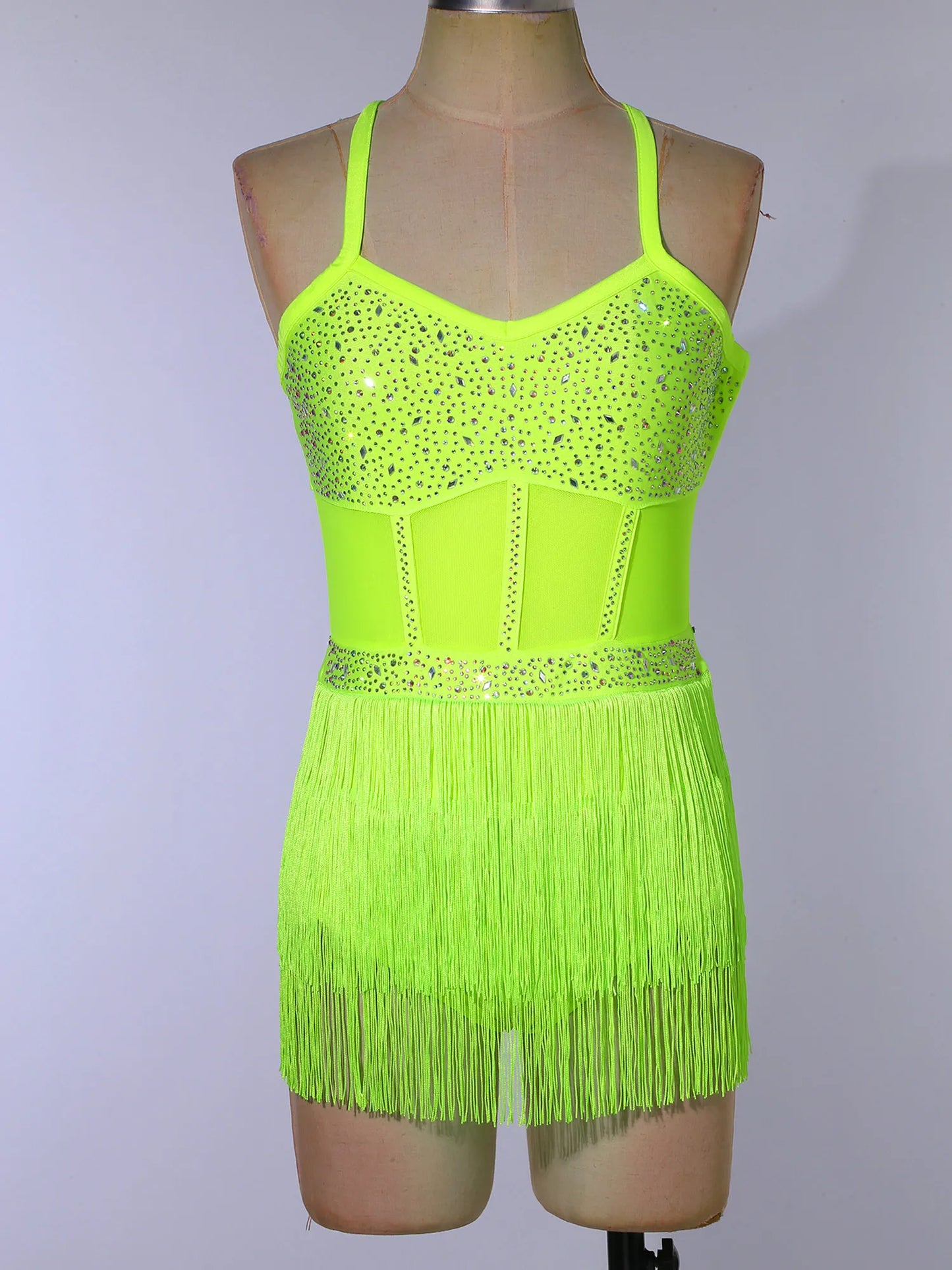Womens Latin Dance Dress Sheer Mesh Patchwork Tiered Tassel Bodysuit Dress and Gloves for Tango Samba Dance Ballroom Dancewear