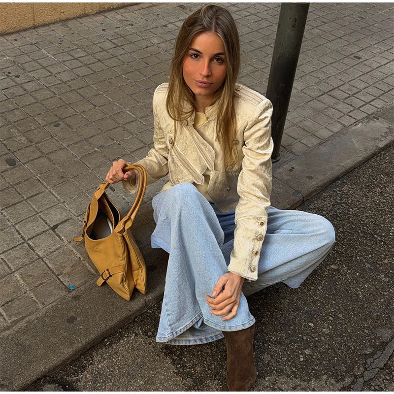 Unique Oblique Button Military Jacket Women Vintage Asymmetry Cropped Napoleon Jackets Lady New Fashion Street Spring Outwear