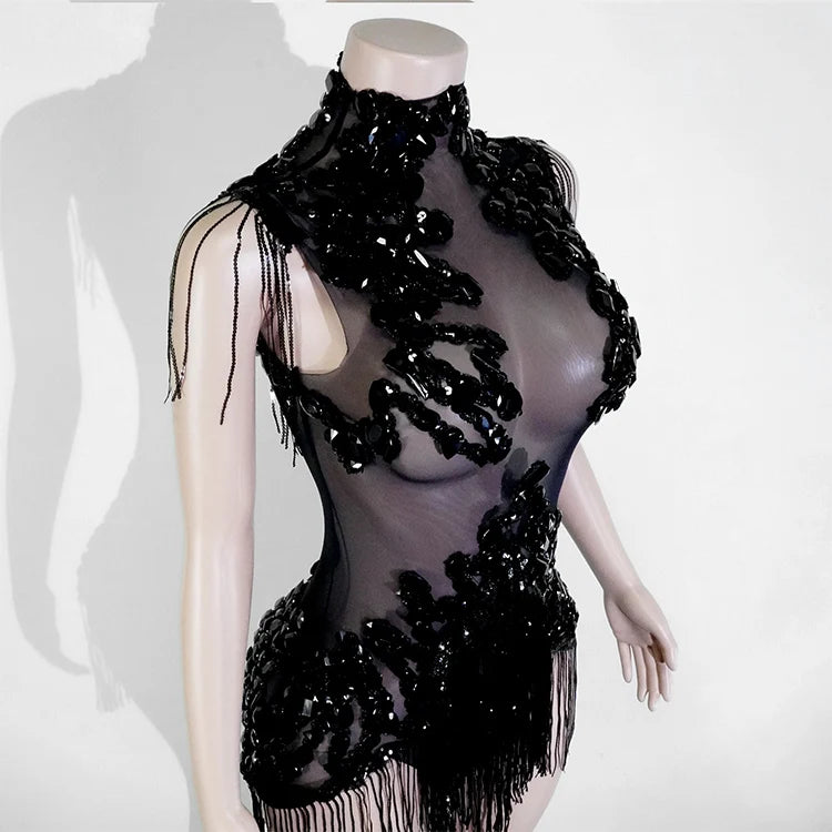 Sexy Mesh Sheer Black Rhinestone rhinestone Bodysuit Singer Dancer Show Stage Outfit Celebrate Party Night Club Performance Waer