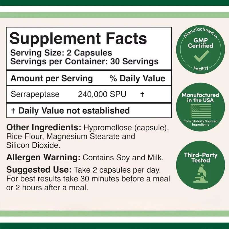 Serrapeptase 240000 SPU (60 capsules vegetarian) Protease Enzyme Joint Health (non GMO, gluten free, vegetarian safe)