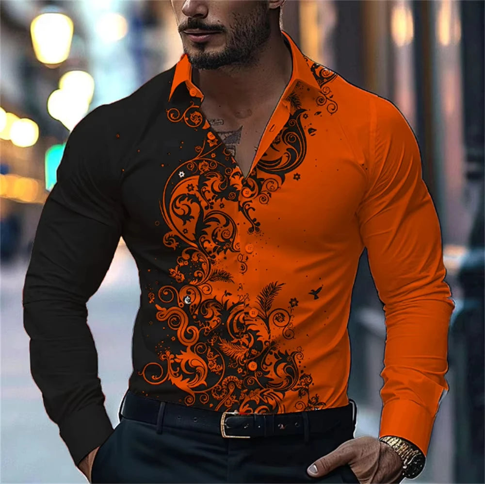 Men'S Stylish Red Floral Print Dress Shirt - Casual Long Sleeve Button-Up Design Spring Fashion Shirt Floral Print Shirt