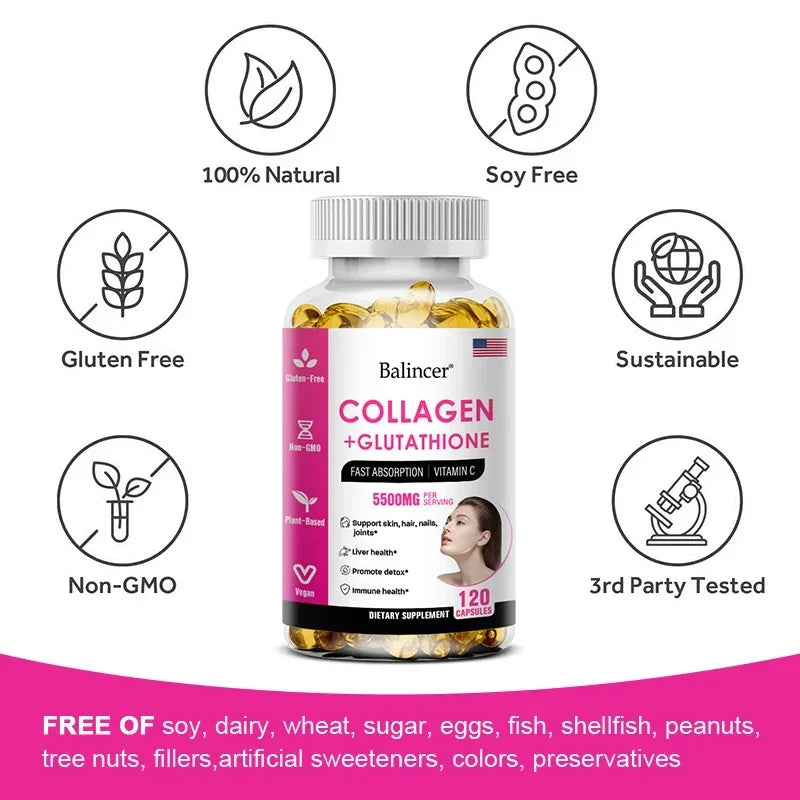 Balincer 5500mg Hydrolyzed Collagen 2200mg Glutathione 1300mg Biotin MSM and Vitamin C B6 B3 Capsule Nutritional Supplement