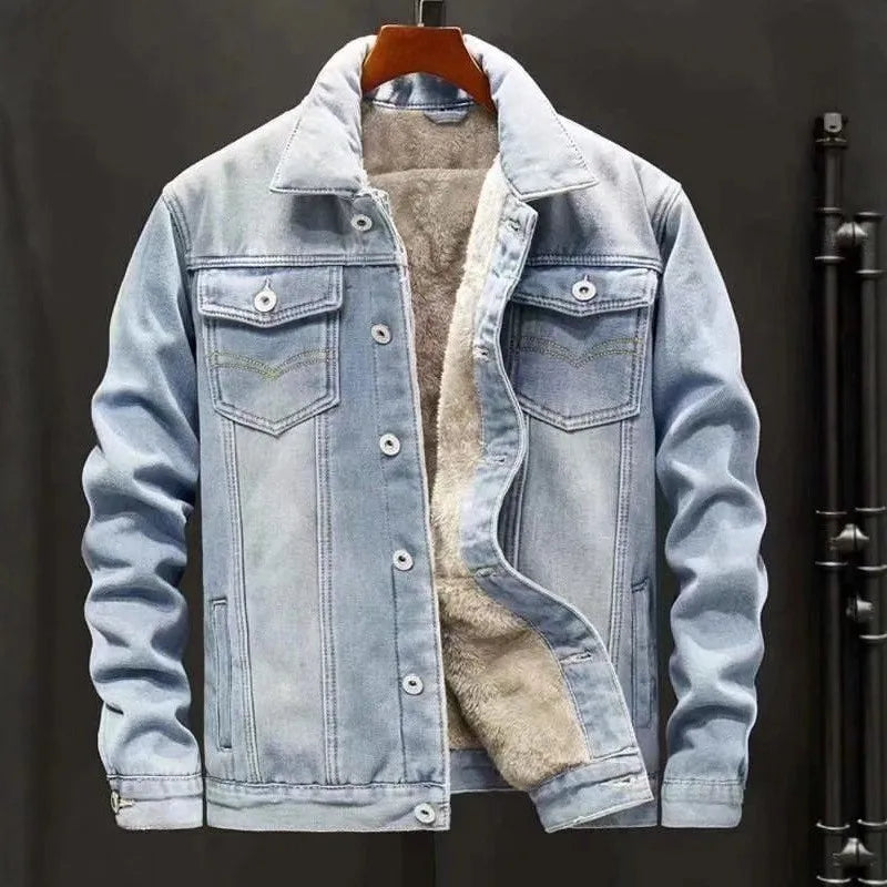 Men's Denim Cotton Jaet Fce Lined Thi Warm Outerwear Korean Sle Versatile Student Jaet Top Trendy Autumn Winter Coat