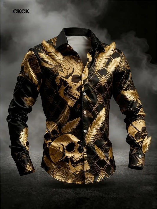 Fashion men's long sleeved shirt skull 3D print rose series gold black skull men's top soft long sleeved shirt Men Clothing