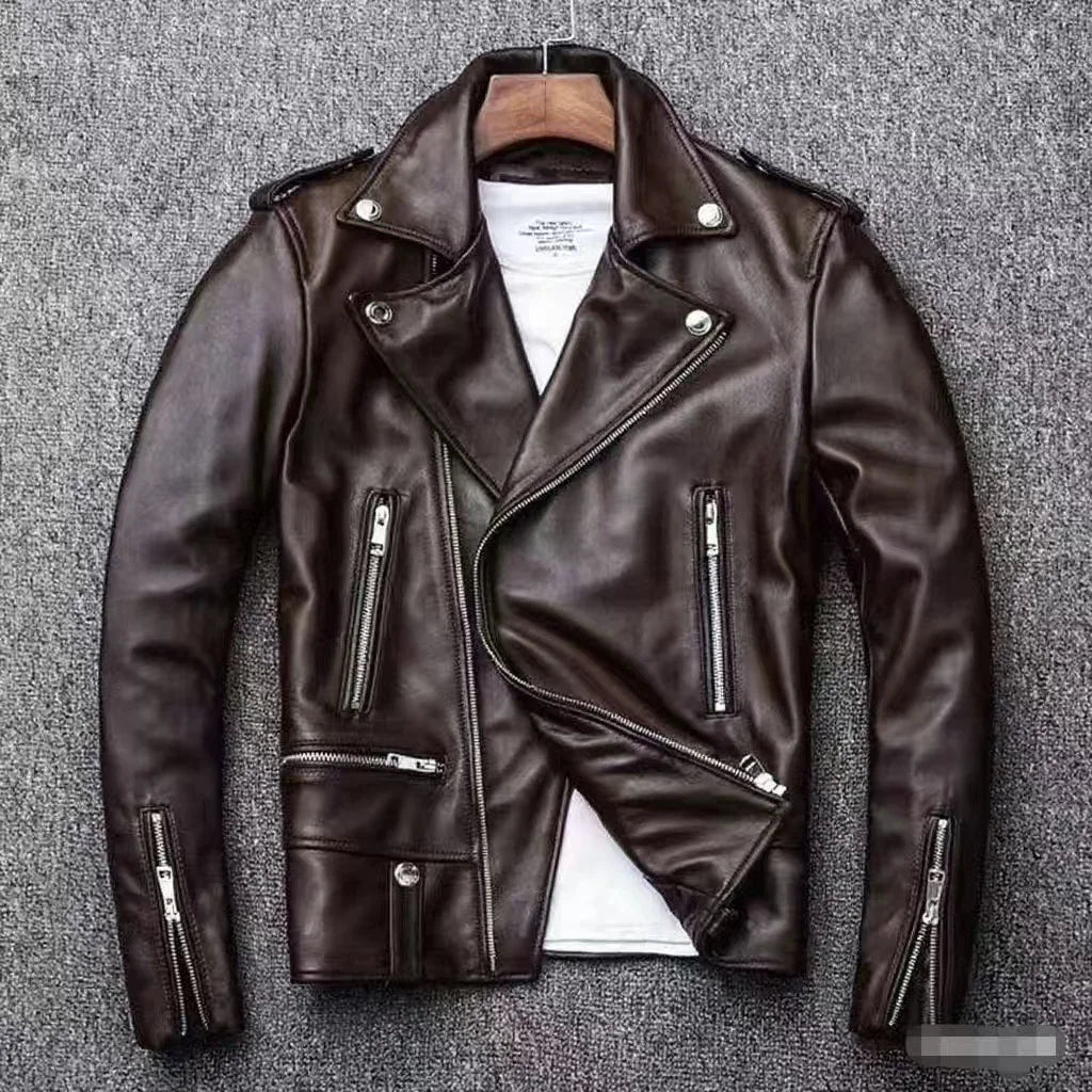 2026 Men's Lapel Oblique Zipper PU Locomotive Leather Jacket, Autumn, New Casual Versatile Slim Fit, Leather Jacket