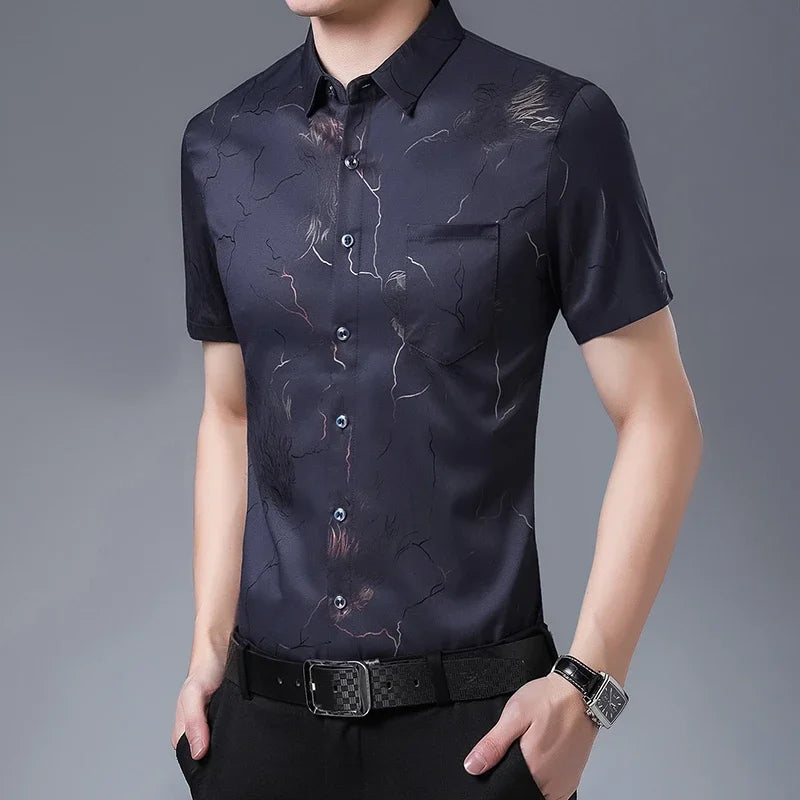 New Men's Casual Printed Short Sleeved Lapel Shirt for Summer Fashion Comfort No Ironing Wrinkle Resistant Top