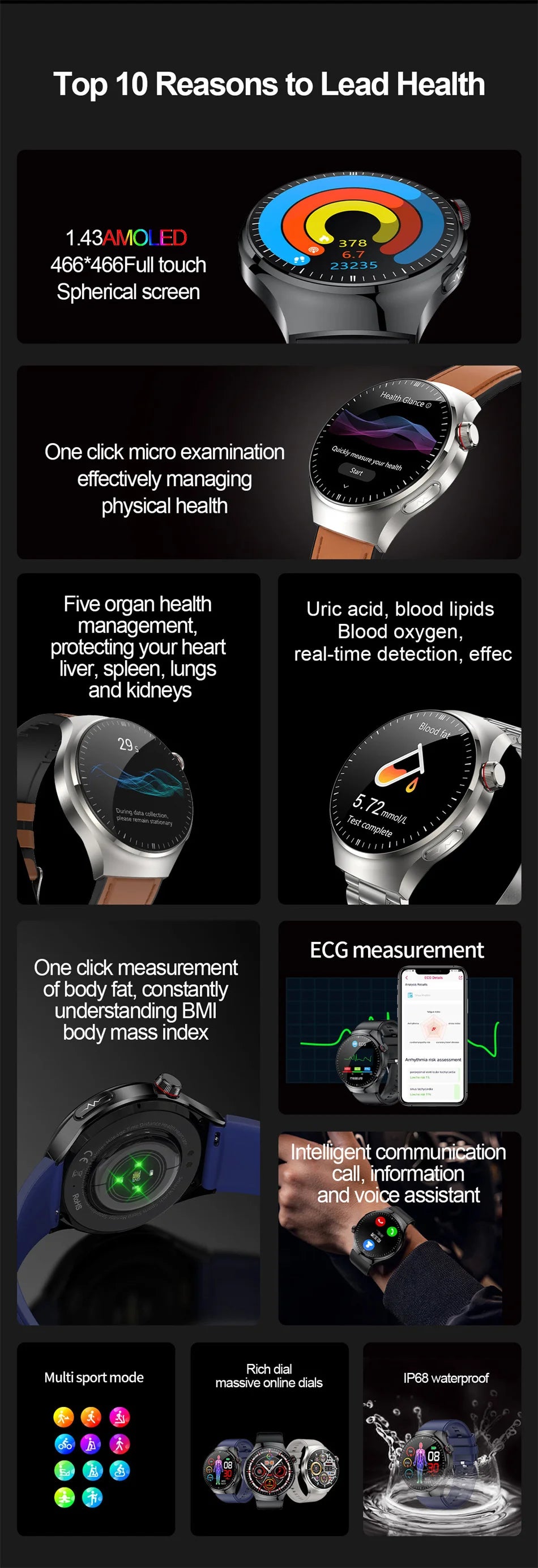 2026New high-end Smart Watch Men Women Health Measurement Blood Oxygen Bp physical examination call exercise ECG Smartwatch Man