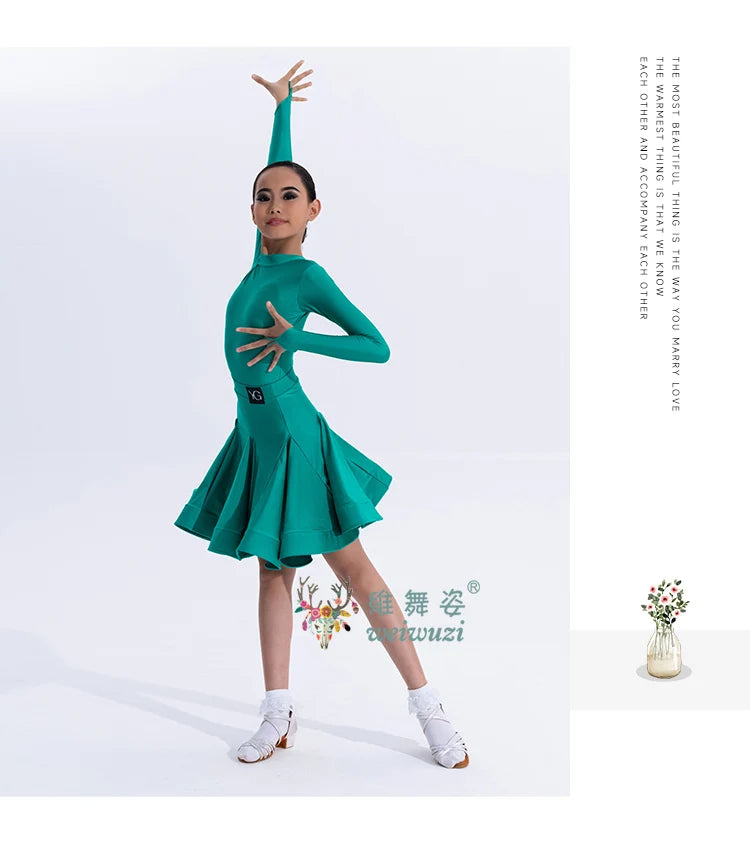 Girls Latin Dance Competition Clothing Glossy Fabric Long Sleeves Dance Dress Kids Cha Rumba Dance Practice Training Wear