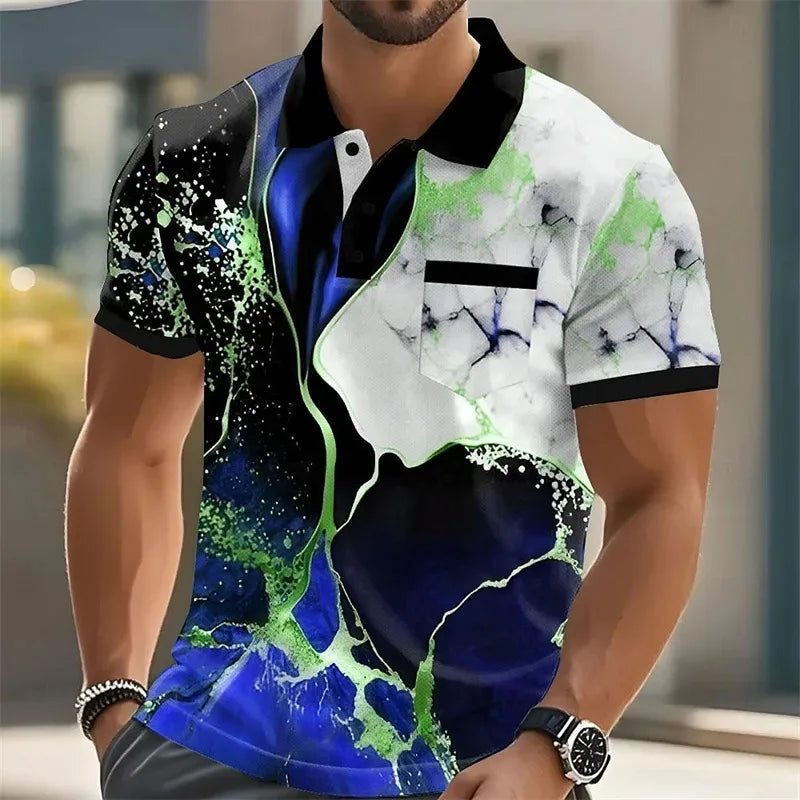 Fashionable summer short-sleeved men's polo shirt with 3d printed stripes, men's lapel, high-quality men's shirt, casual wear