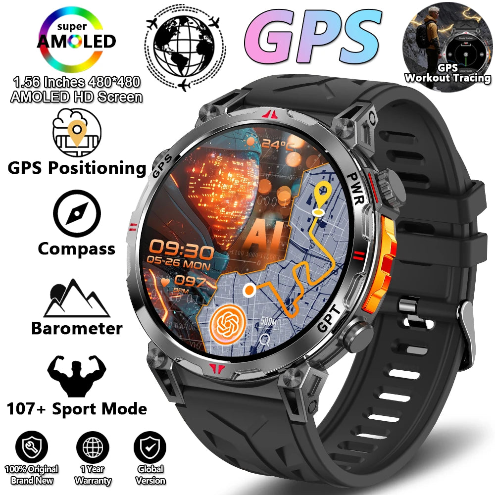 2026 New Outdoor Sports Smartwatch Men GPS Positioning 650mAh HD Call 1.56-inch AMOLED Screen Compass 5ATM Waterproof Watch Man