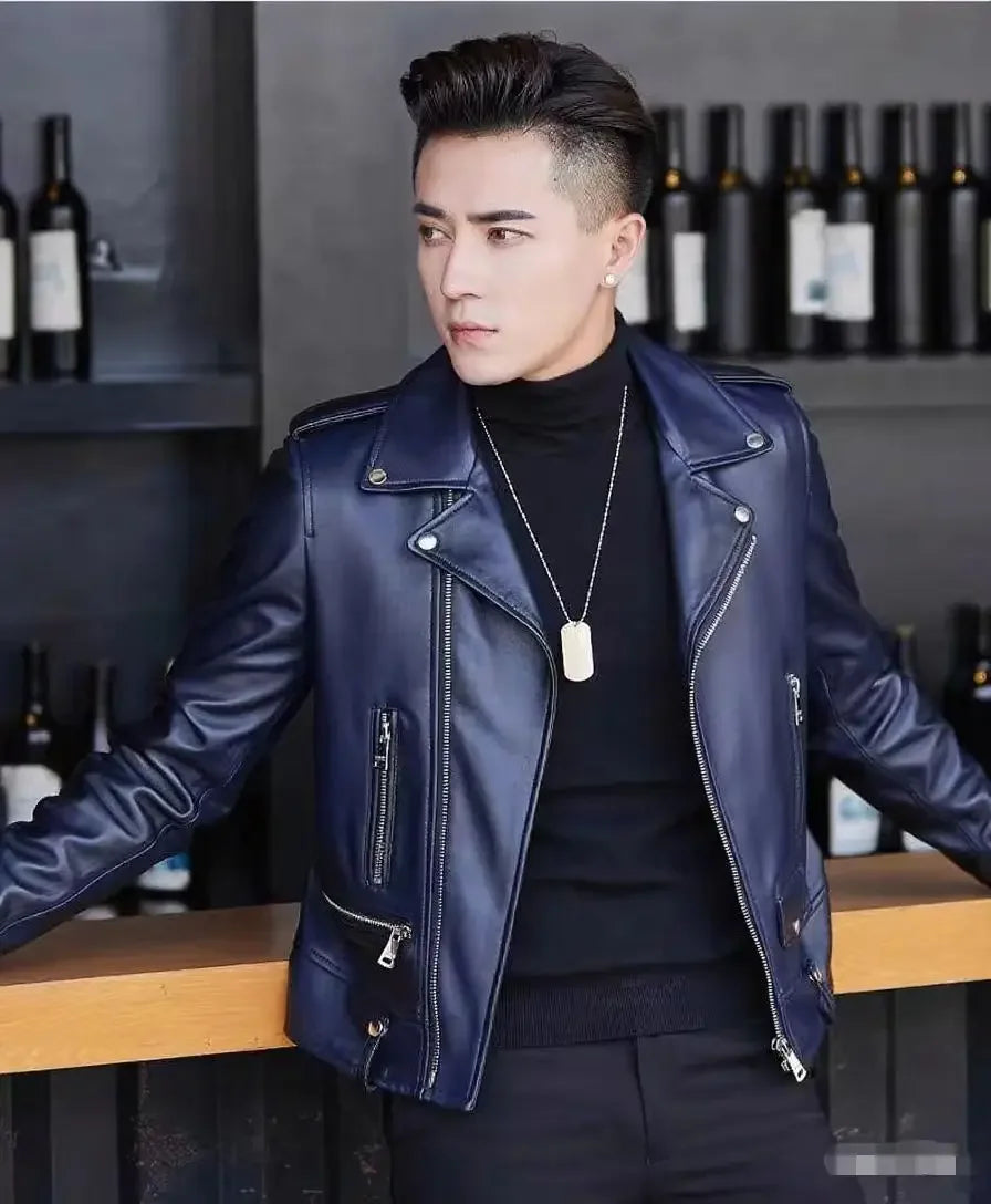 Men's Slim Fit PU Leather Jacket Fashionable Motorcycle Style Spring Autumn Korean Version Casual Outerwear Male Biker Coat