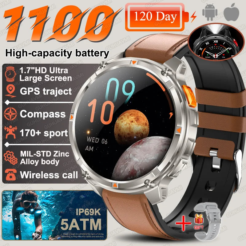 2026 New T-Rex3 Ultra 1100Mah Military Smart Watch Men 1.7"AMOLED GPS Path 5ATM Waterproof Compass LED Flashlight Smartwatch iOS