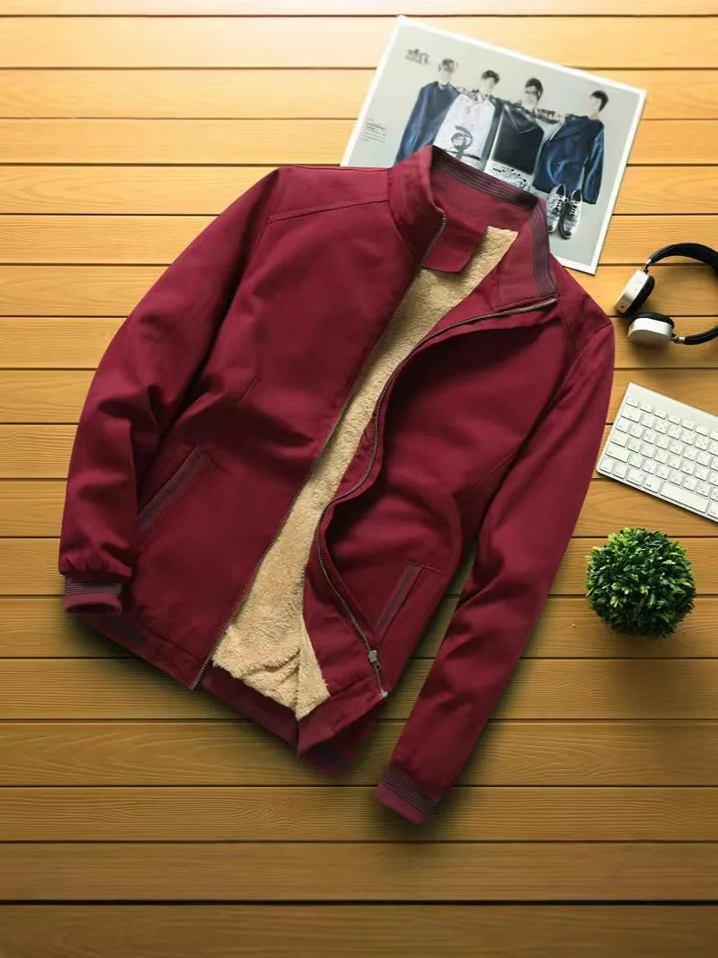Autumn and Winter New Men's Fashion Pilot Jacket with Thick Velvet and Warm Baseball Jacket Solid Color Zipper Large Top M-5XL