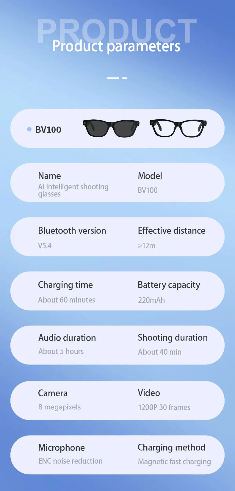 Blackview BV100 Smart Glasses, HD Camera,Bluetooth 5.4,220mAh Battery,Stereo Bass Speakers,Noise Cancelling Mic,Wear Detection
