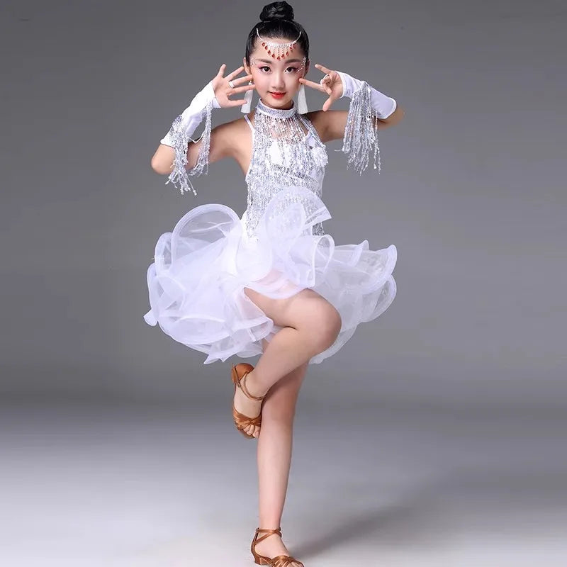 Teenager Girl 's Latin Dance Costumes Latin Skirt Sequins Performing Competition Costume Girls Salsa Dancing Tassel Dress
