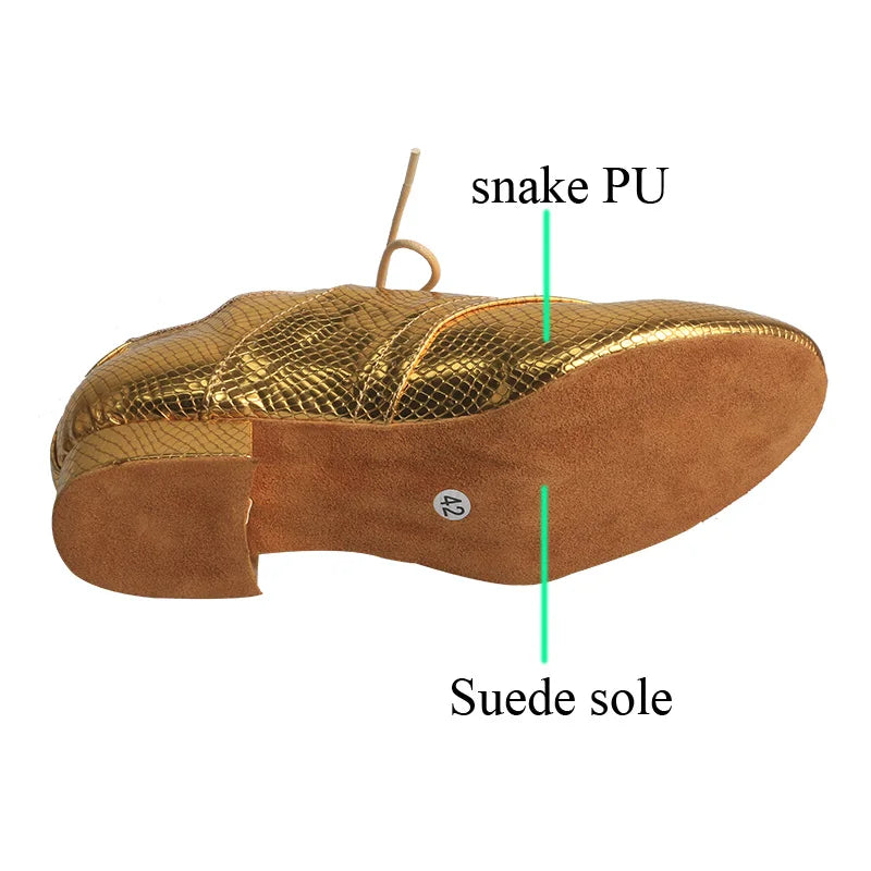 Wedopus Customized 2.5CM Heel Gold Snake PU Dance Shoes Suede Sole Men Ballroom Dancing Shoes with Lace-up