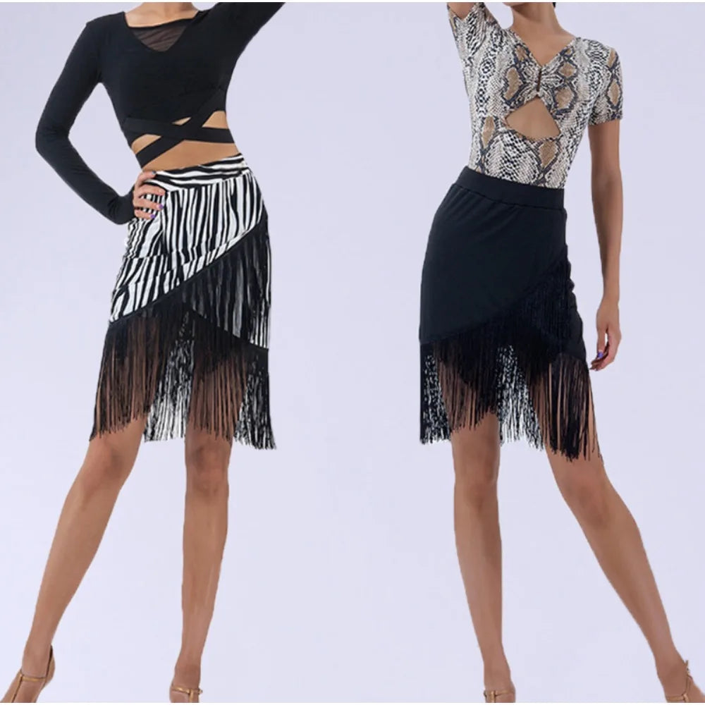 Women Latin Dance Skirt Asymmetrical Cross Hem Fringe Short Skirt Salsa Practice Performance