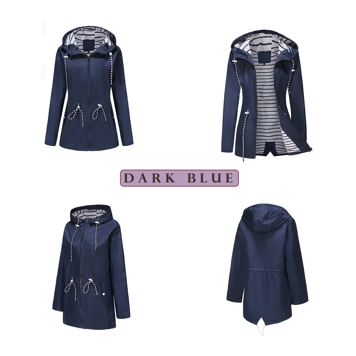 Red Waterproof Hooded Jacket, Women Fashion Casual Coat, Waist Drawstring Tie Zipper Switch Blue Green Yellow Black Windbreaker