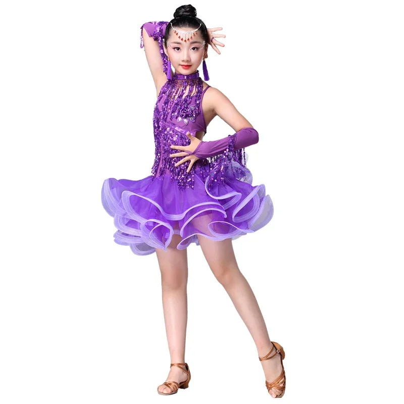 Teenager Girl 's Latin Dance Costumes Latin Skirt Sequins Performing Competition Costume Girls Salsa Dancing Tassel Dress