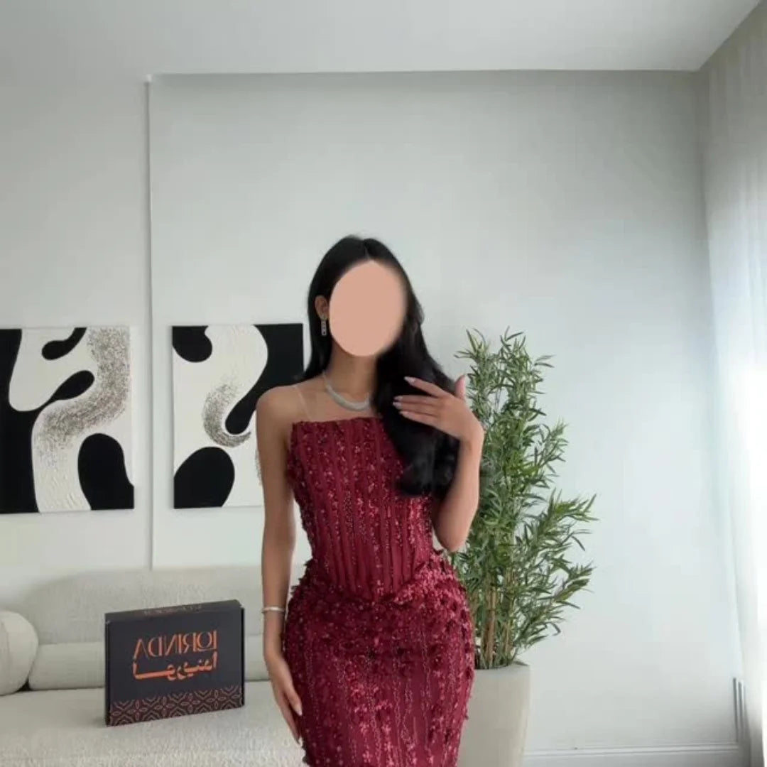 Bella Customized Burgundy Strapless Ruffled 3D Beaded Prom Dress Slim Fit High Slit Party Dresses Floor-Length Elegant 2025
