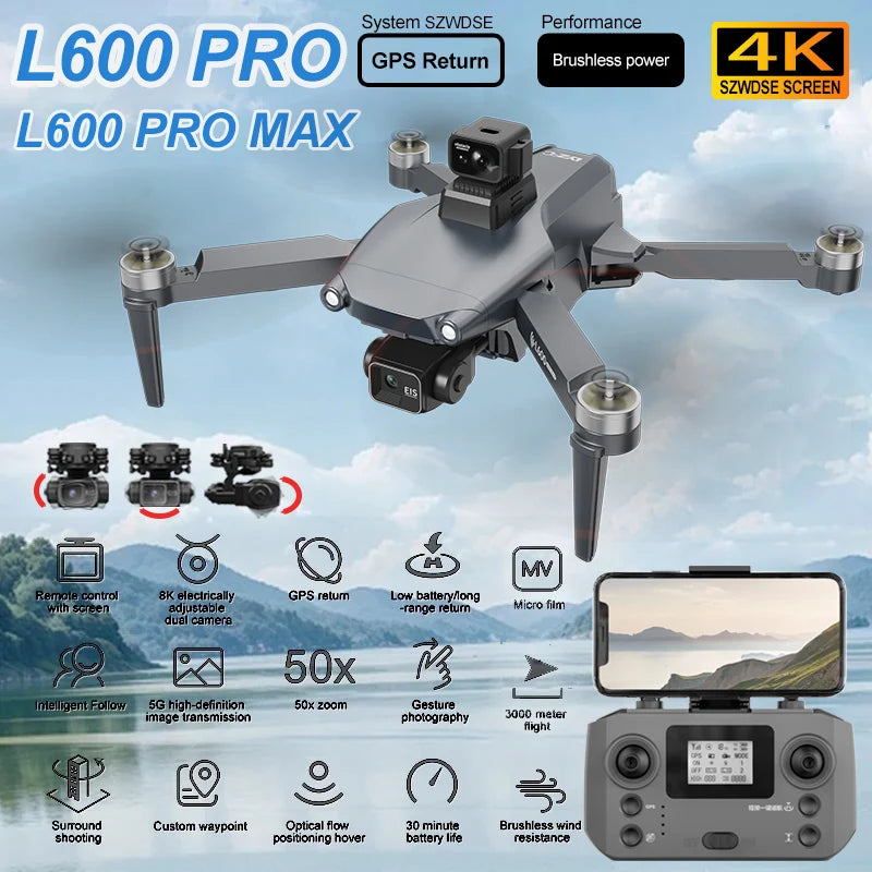 L600 PRO MAX / PRO GPS Drone Professional 4K HD Dual Camera 3-Axis PTZ Brushless Obstacle Avoidance 5G WIFI RC Quadcopter Toys