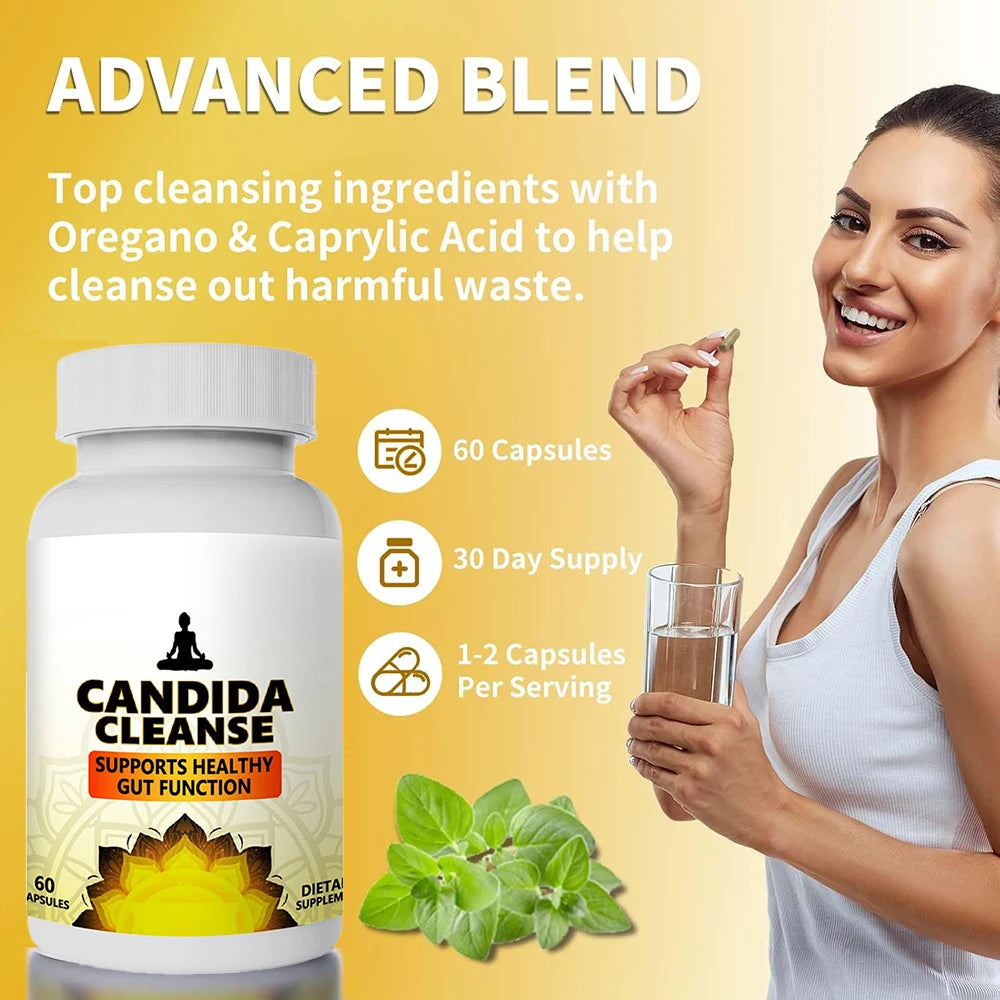 Candida Cleanse Detox for Gut Health - Extra Strength Balance Control Anti Overgrowth Supplements for Women & Men - 60 Capsules